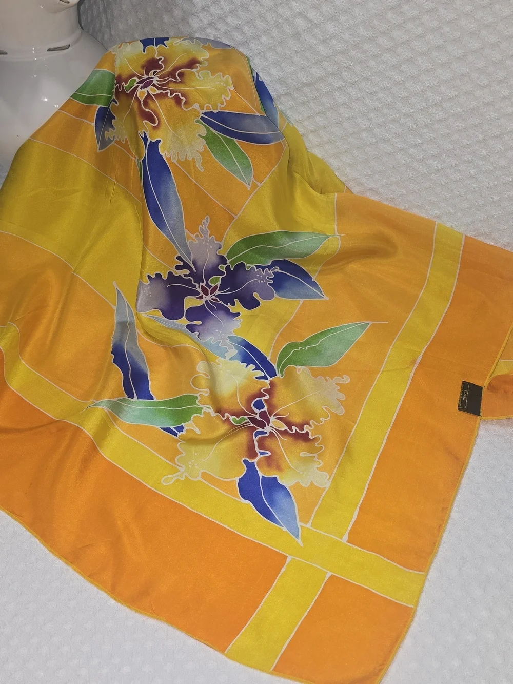 NOOR ARFA BATIK VIBRANT ORANGE SILK SCARF SQUARE ORCHIDS FLORAL VINTAGE